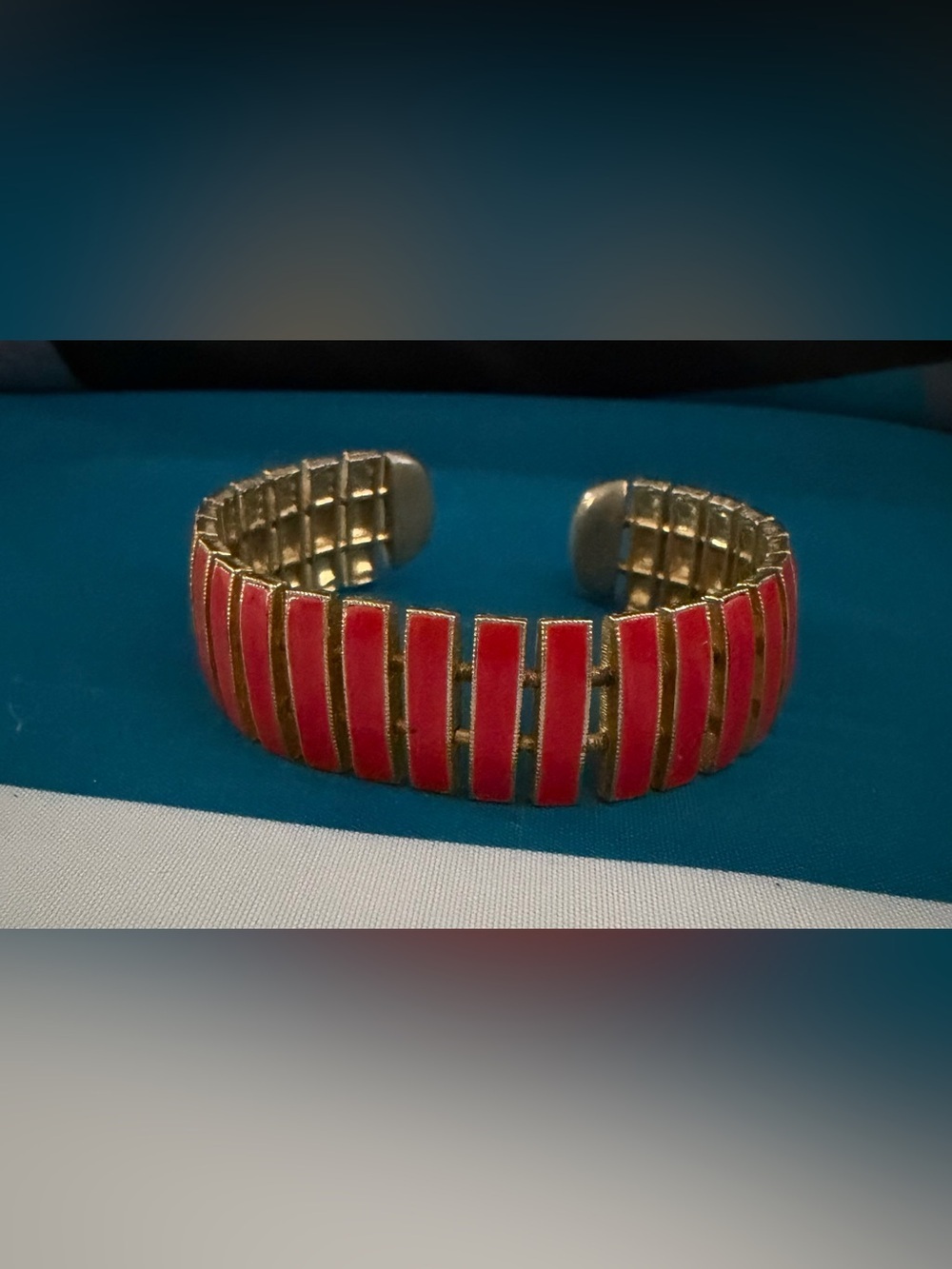 Vintage Gold Tone Cuff Bracelet with Coral Red Enamel Bars